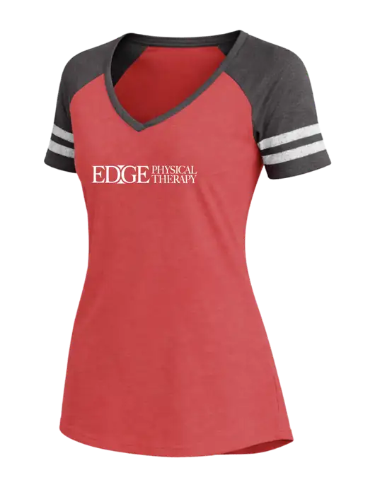 Womens Red Heather/Charcoal Heather V-Neck Game Tee w/Edge Physical Therapy Logo