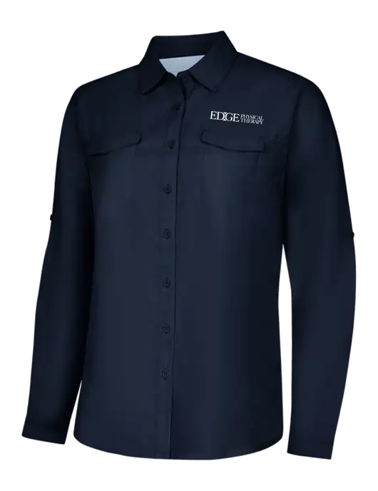 Womens Navy Long Sleeve UV Daybreak Shirt w/Edge Physical Therapy Logo