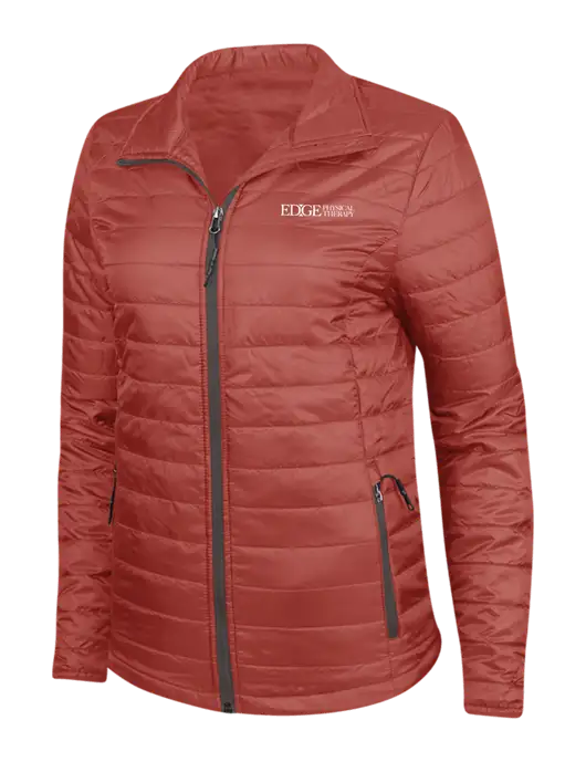 Dark Red Womens Puffy Packable Jacket w/Edge Physical Therapy Logo