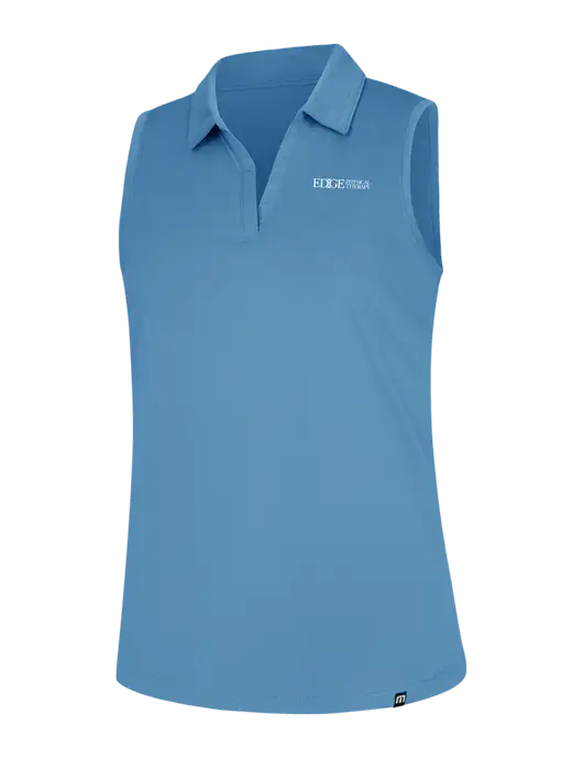 TravisMathew Womens Light Blue Heather Coto Performance Sleeveless Polo w/Edge Physical Therapy Logo