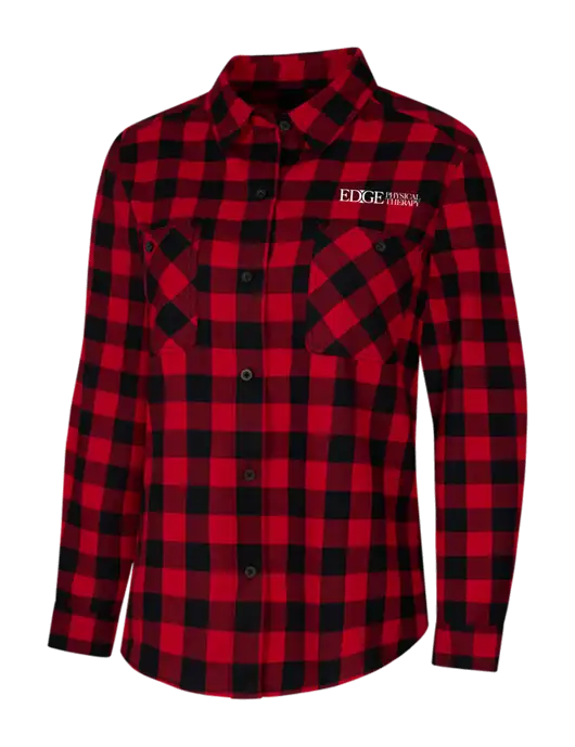 Womens Red/Black Buffalo Check Plaid Flannel Shirt w/Edge Physical Therapy Logo