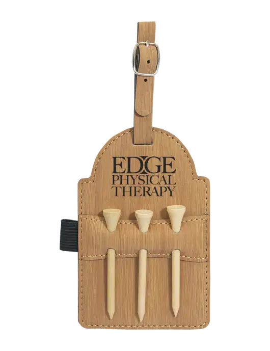 Bamboo Leatherette Golf Bag Tag with 3 Wooden Tees w/Edge Physical Therapy Logo