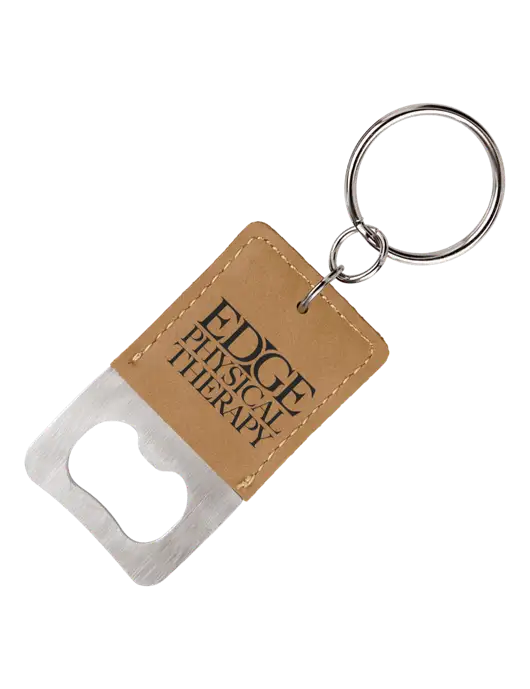 Tan Leatherette Rectangle Bottle Opener Keychain w/Edge Physical Therapy Logo