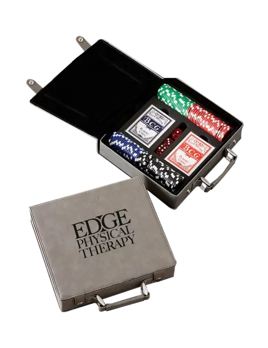 Grey Leatherette 100 Chip Poker Set w/Edge Physical Therapy Logo