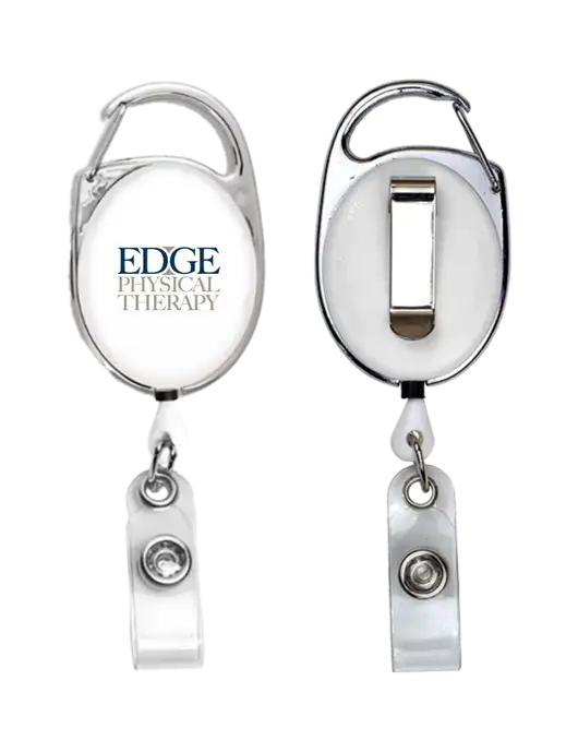 White Carabiner Style Badge Reel and Badge Holder w/Edge Physical Therapy Logo