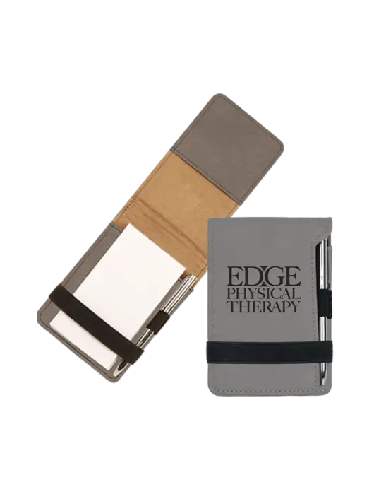 Grey Leatherette Mini Notepad with Pen,  3.25 x 4.75 w/Edge Physical Therapy Logo