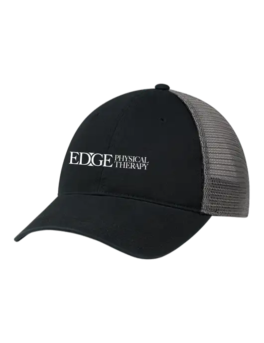 Richardson 111 Garment Washed Trucker Cap Black w/Charcoal Mesh w/Edge Physical Therapy Logo