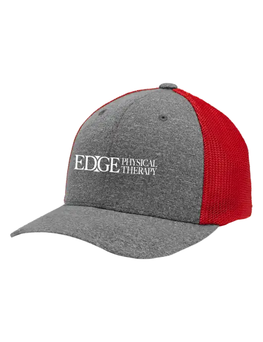 Flexfit Red/Medium Grey Heather Melange Mesh Back Trucker Cap w/Edge Physical Therapy Logo