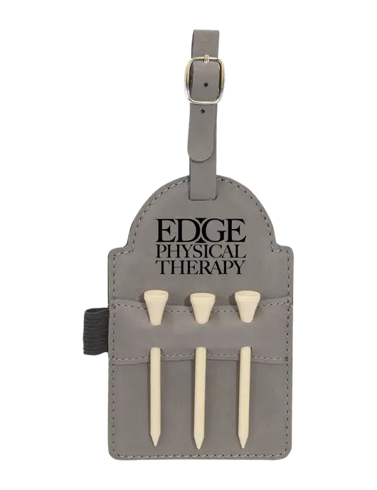 Grey Leatherette Golf Bag Tag with 3 Wooden Tees w/Edge Physical Therapy Logo