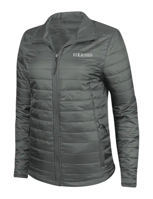 Dark Grey Womens Puffy Packable Jacket w/Edge Physical Therapy Logo