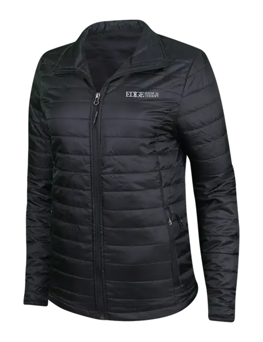 Womens Black Puffy Packable Jacket w/Edge Physical Therapy Logo