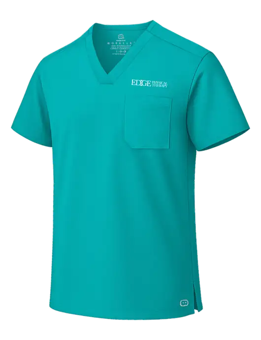 Wink Teal Blue Unisex WorkFlex Chest Pocket V-Neck Top  w/Edge Physical Therapy Logo