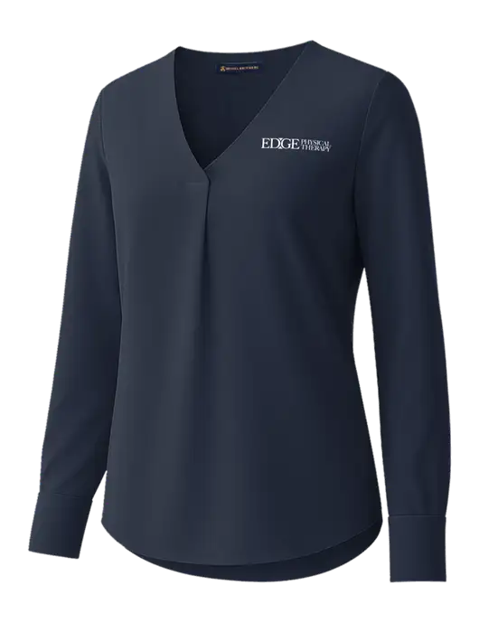 Brooks Brothers Womens Dark Navy Open-Neck Satin Blouse  w/Edge Physical Therapy Logo