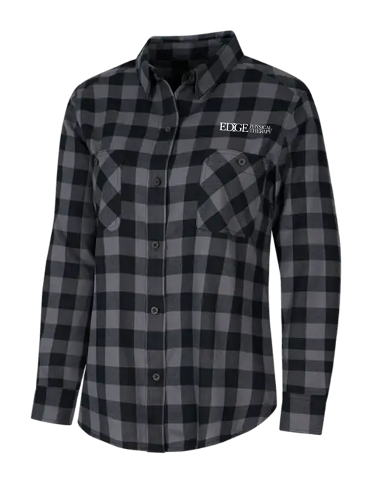 Womens Medium Grey/Black Buffalo Check Plaid Flannel Shirt w/Edge Physical Therapy Logo