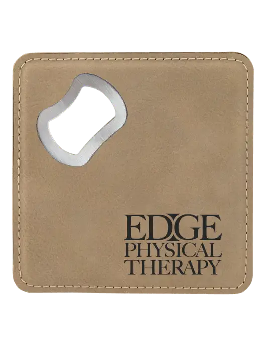 Tan Leatherette Bottle Opener Coaster w/Edge Physical Therapy Logo
