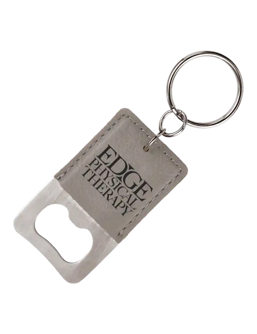 Grey Leatherette Rectangle Bottle Opener Keychain w/Edge Physical Therapy Logo
