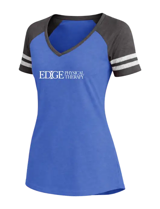 Womens Royal Heather/Charcoal Heather V-Neck Game Tee w/Edge Physical Therapy Logo