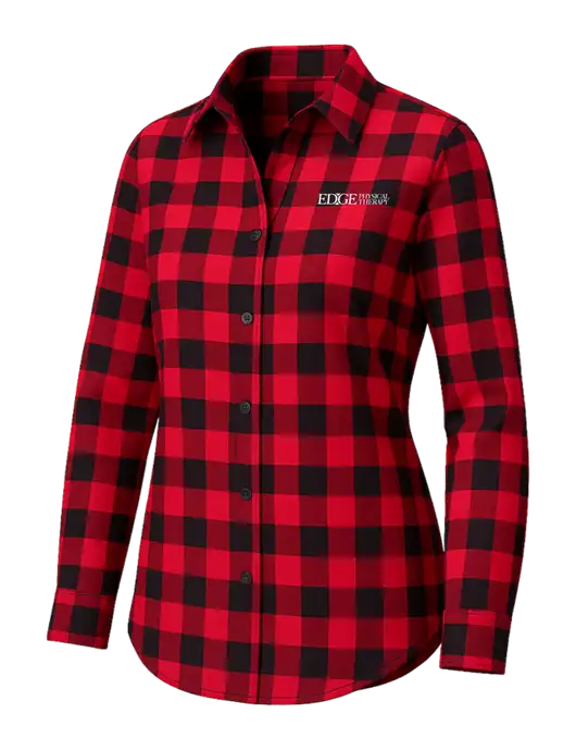 Womens Red/Black Buffalo Check Plaid Flannel Tunic w/Edge Physical Therapy Logo