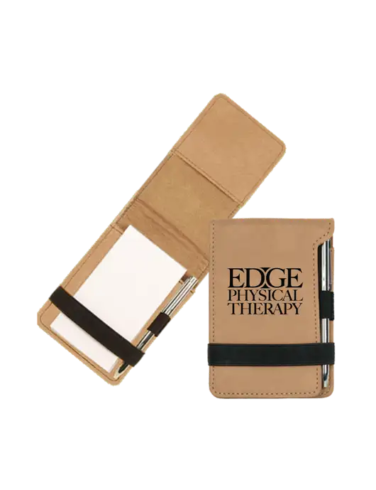 Tan Leatherette Mini Notepad with Pen,  3.25 x 4.75 w/Edge Physical Therapy Logo