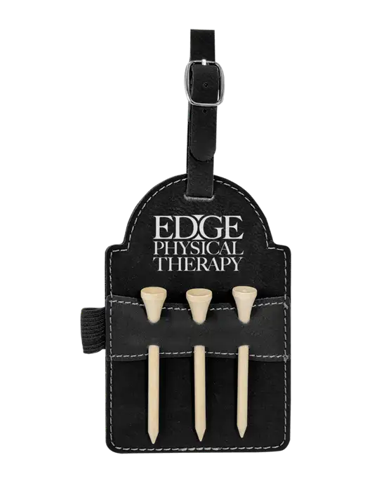 Black Leatherette Golf Bag Tag with 3 Wooden Tees w/Edge Physical Therapy Logo