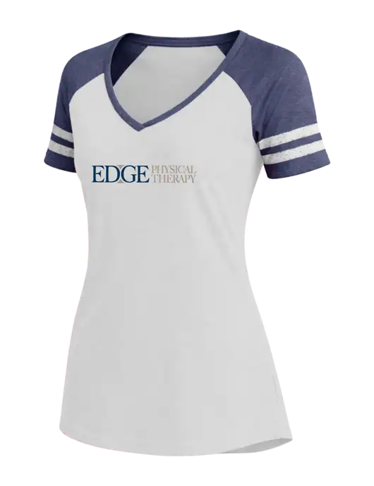 Womens White/Navy Heather V-Neck Game Tee w/Edge Physical Therapy Logo