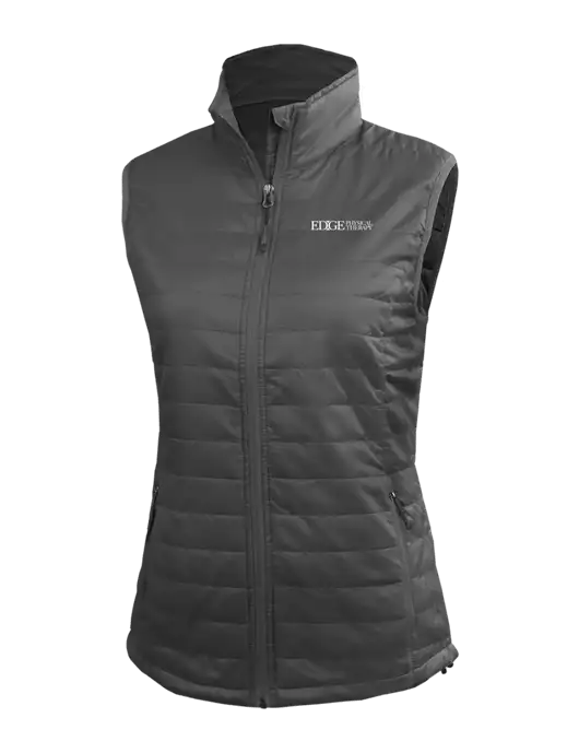 Womens Packable Dark Grey Puffy Vest w/Edge Physical Therapy Logo