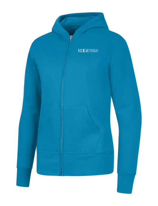 Neon Blue Womens Core Fleece Full-Zip Hooded Sweatshirt w/Edge Physical Therapy Logo