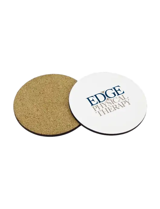 Gloss White Hardboard Round Coaster w/Cork Back, 3.75 w/Edge Physical Therapy Logo