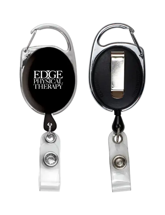 Black Carabiner Style Badge Reel and Badge Holder w/Edge Physical Therapy Logo