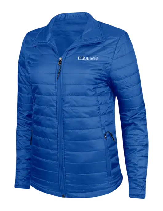 Dark Royal Blue Womens Puffy Packable Jacket w/Edge Physical Therapy Logo