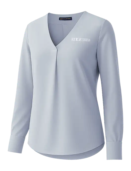 Brooks Brothers Womens Light Slate Blue Open-Neck Satin Blouse  w/Edge Physical Therapy Logo