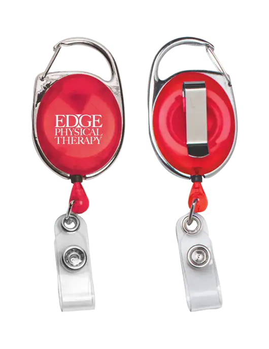 Red Carabiner Style Badge Reel and Badge Holder w/Edge Physical Therapy Logo