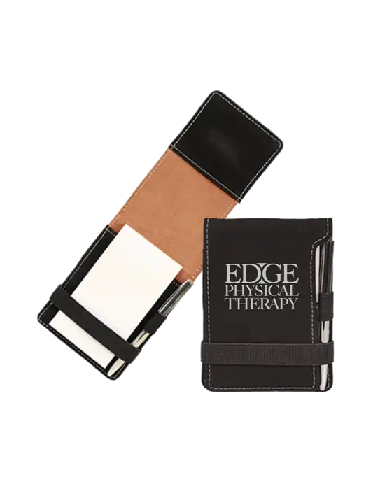 Black Leatherette Mini Notepad with Pen,  3.25 x 4.75 w/Edge Physical Therapy Logo
