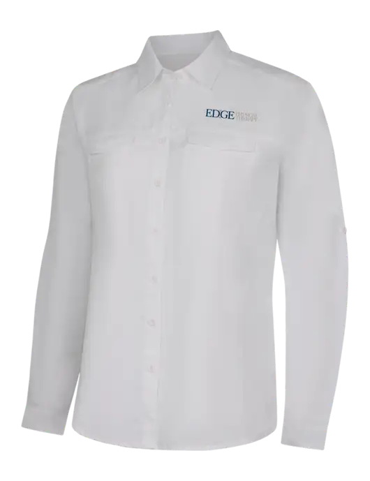 Womens White Long Sleeve UV Daybreak Shirt w/Edge Physical Therapy Logo