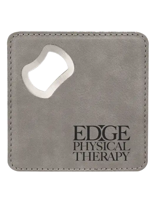 Grey Leatherette Coaster with Bottle Opener w/Edge Physical Therapy Logo
