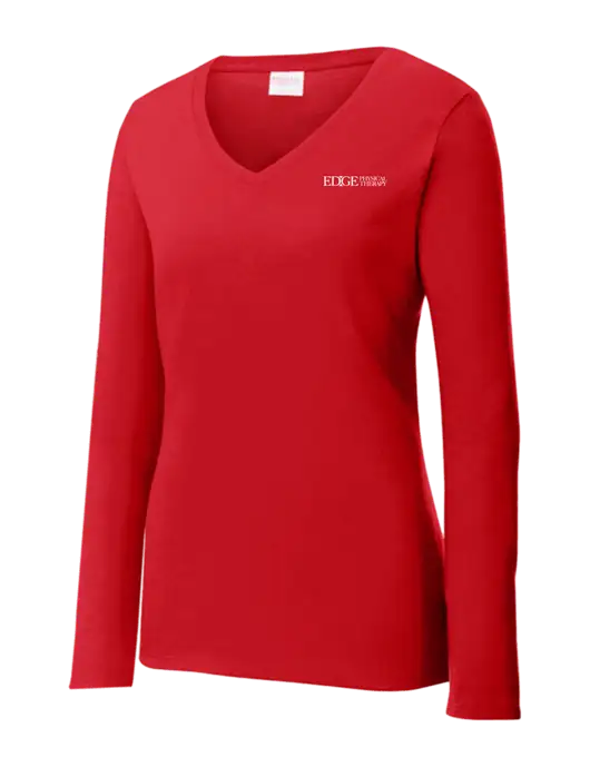 Womens  V-Neck Ring Spun Bright Red 4.5 oz Long Sleeve T-Shirt w/Edge Physical Therapy Logo