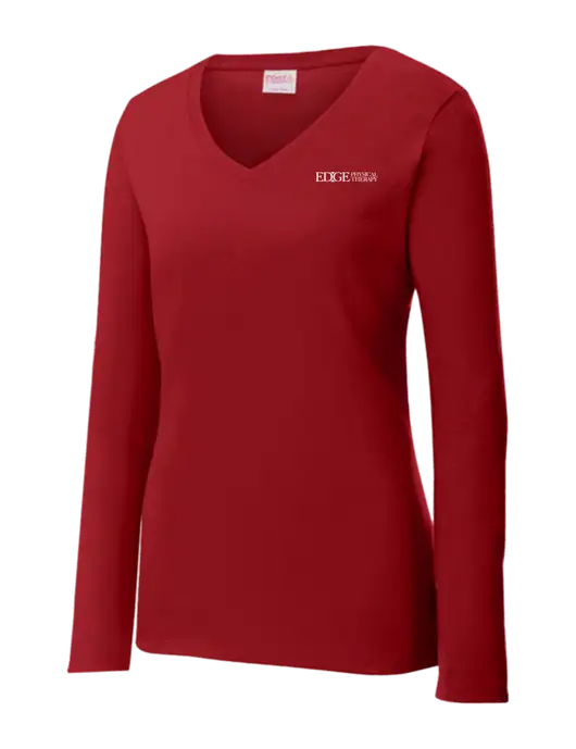 Womens V-Neck Ring Spun Cardinal 4.5 oz Long Sleeve T-Shirt w/Edge Physical Therapy Logo