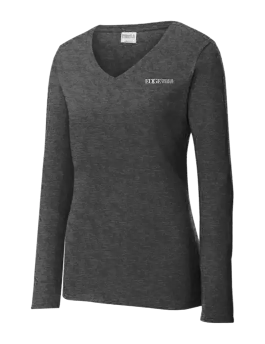 Womens  V-Neck Ring Spun Dark Heather Grey 4.5 oz Long Sleeve T-Shirt w/Edge Physical Therapy Logo