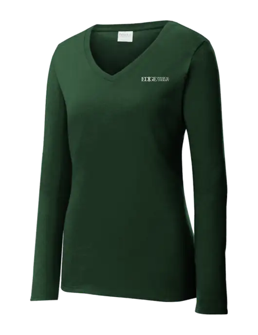 Womens  V-Neck Ring Spun Forest Green 4.5 oz Long Sleeve T-Shirt w/Edge Physical Therapy Logo