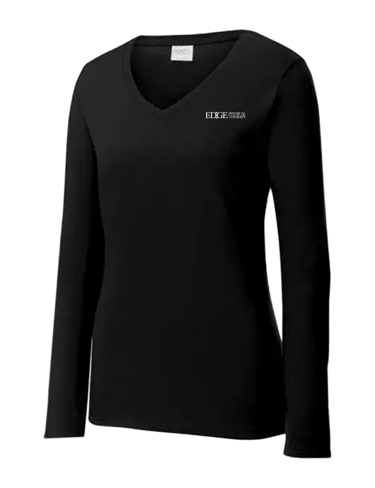 Womens V-Neck Ring Spun Jet Black 4.5 oz Long Sleeve T-Shirt w/Edge Physical Therapy Logo