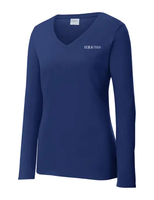 Womens  V-Neck Ring Spun Navy 4.5 oz Long Sleeve T-Shirt w/Edge Physical Therapy Logo