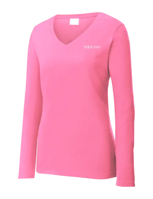 Womens  V-Neck Ring Spun Pink 4.5 oz Long Sleeve T-Shirt w/Edge Physical Therapy Logo