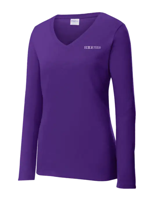 Womens  V-Neck Ring Spun Purple 4.5 oz Long Sleeve T-Shirt w/Edge Physical Therapy Logo