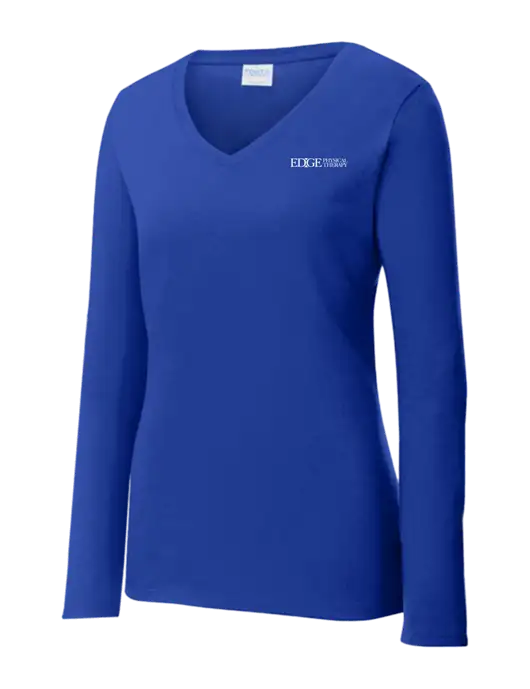 Womens  V-Neck Ring Spun Royal 4.5 oz Long Sleeve T-Shirt w/Edge Physical Therapy Logo
