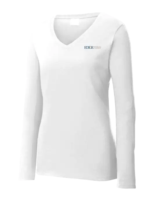 Womens  V-Neck Ring Spun White 4.5 oz Long Sleeve T-Shirt w/Edge Physical Therapy Logo