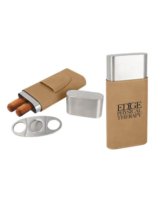 Tan Leatherette Cigar Case with Cutter w/Edge Physical Therapy Logo