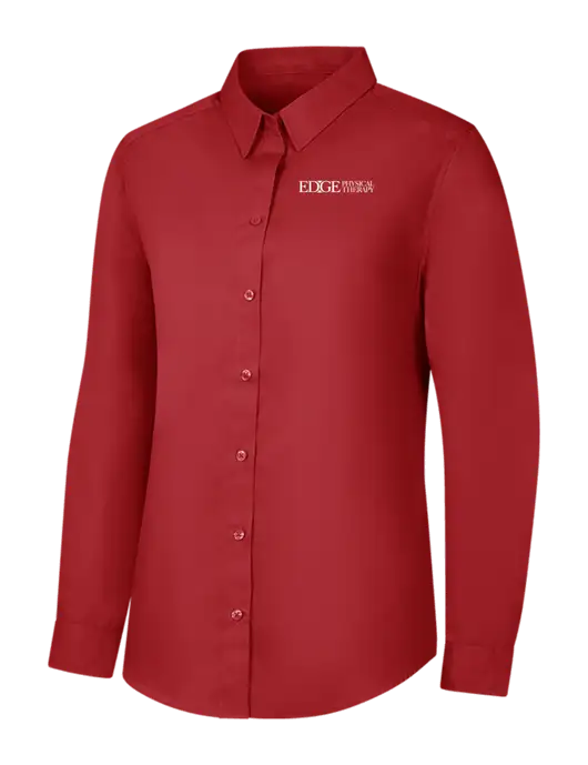 Womens Rich Red  Long Sleeve Carefree Poplin Shirt w/Edge Physical Therapy Logo