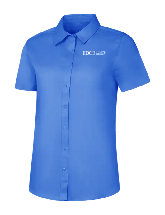 Womens Dark Carolina Blue Short Sleeve Superpro React Twill Shirt w/Edge Physical Therapy Logo