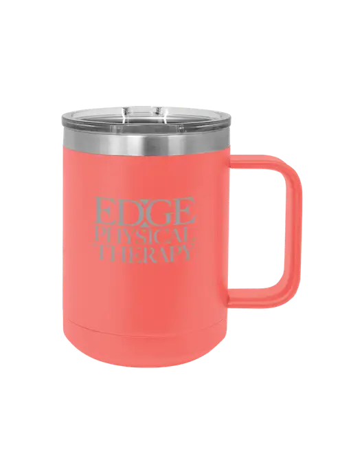 Polar Camel 15 oz Powder Coated Coral Vacuum Insulated Mug with Slider Lid w/Edge Physical Therapy Logo