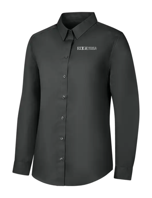 Womens Dark Grey Long Sleeve Carefree Poplin Shirt w/Edge Physical Therapy Logo